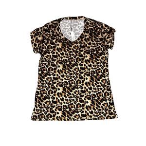 Kuotai Women's Cheetah Leopard Print V-Neck Petal Sleeve T-Shirt - Size Medium
